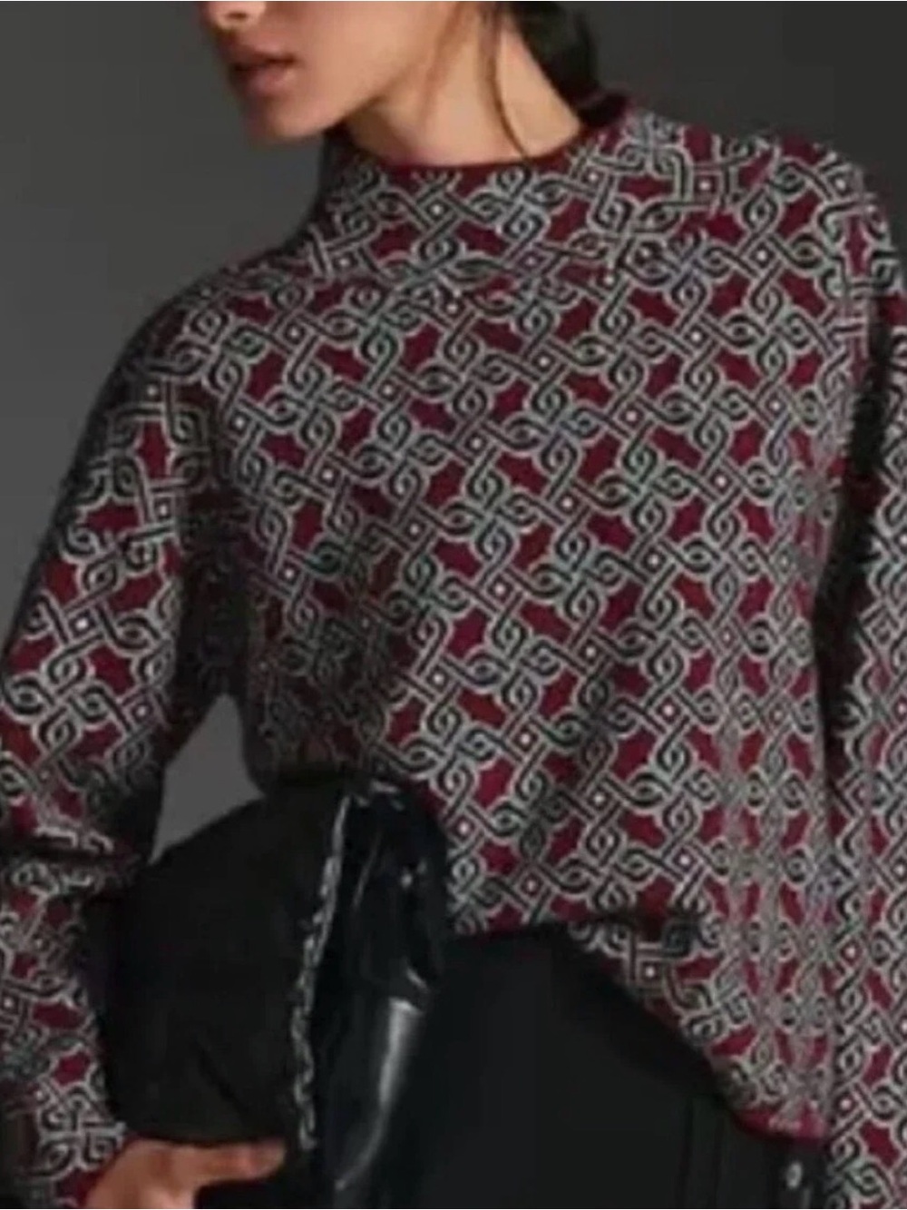 Maeve | Anthropologie | The Carys Maroon Geometric Mockneck Sweater | Sz XXS